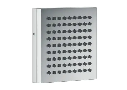 Kopfbrause in Chromoptik mit quadratischer Form, ausgestattet mit mehreren Düsen, um Wasser gleichmäßig zu verteilen. Produkt der Marke AXOR.